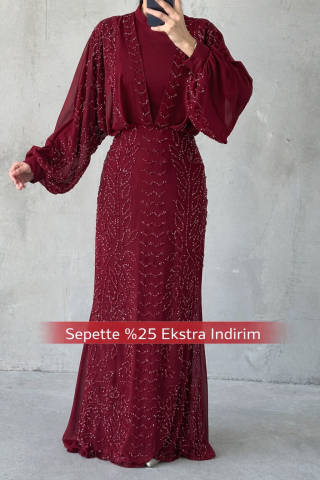 Modern Tasarım Şifon Tesettür Abiye Bordo
