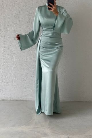 Kuyruk Detaylı Saten Tesettür Abiye Mint Yeşili