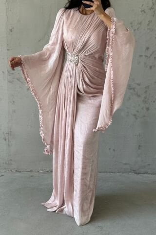 Işıltılı Kol Detaylı Janjan Tesettür Abiye Pudra