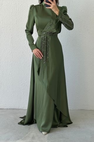 Göz Alıcı Fırfır Taş Detaylı Saten Abiye Haki