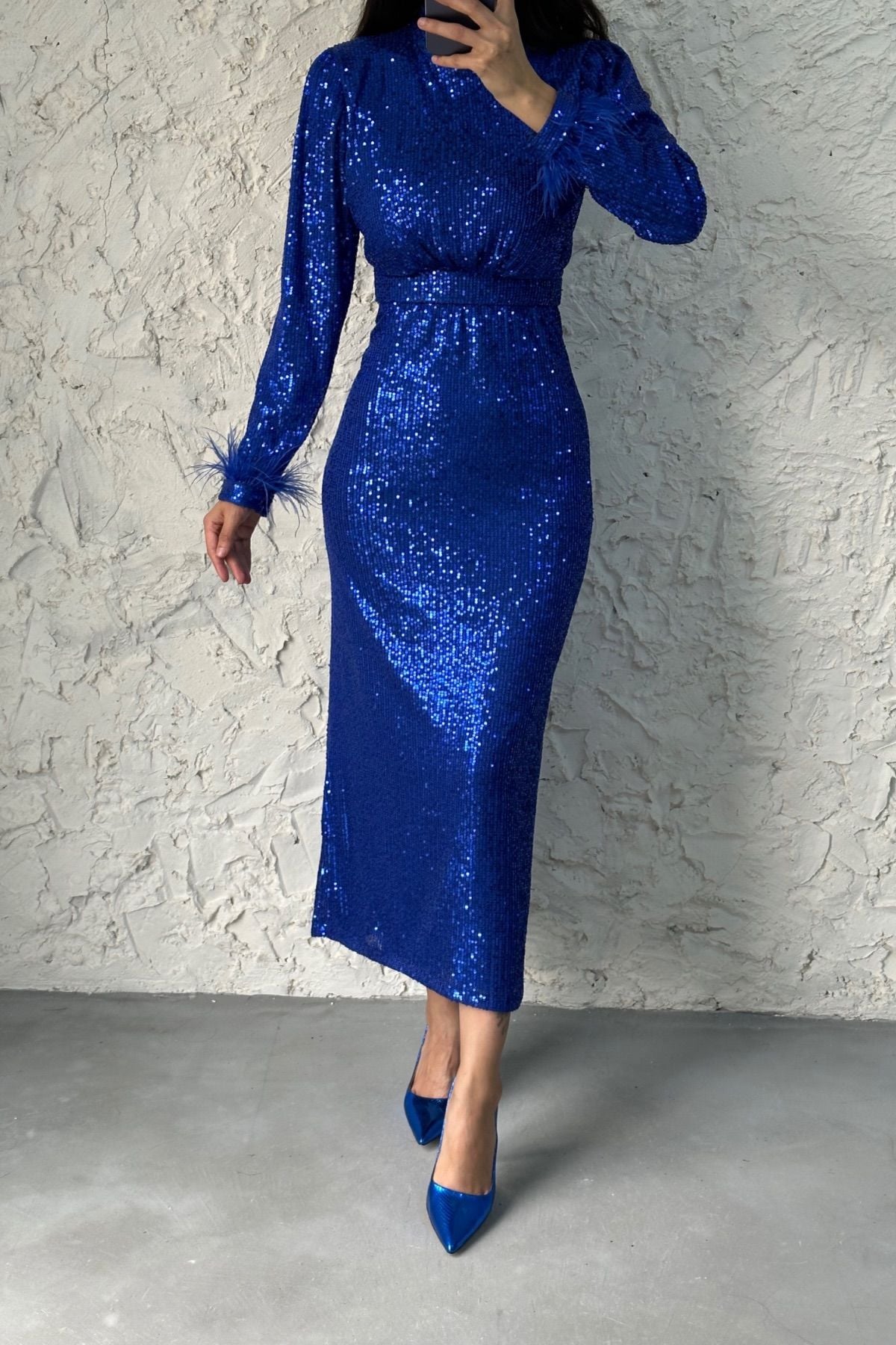 Kemer Detaylı Pul Payet Tesettür Abiye Saks Mavisi