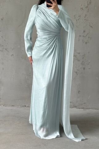 Janjan Hijab Evening Dress with Cape Detail on the Shoulder Mint Green