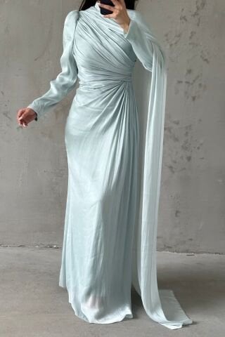 Omuzdan Pelerin Detaylı Janjan Tesettür Abiye Mint Yeşili