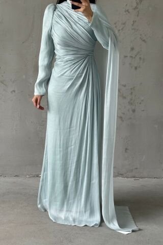 Omuzdan Pelerin Detaylı Janjan Tesettür Abiye Mint Yeşili