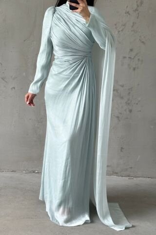 Omuzdan Pelerin Detaylı Janjan Tesettür Abiye Mint Yeşili