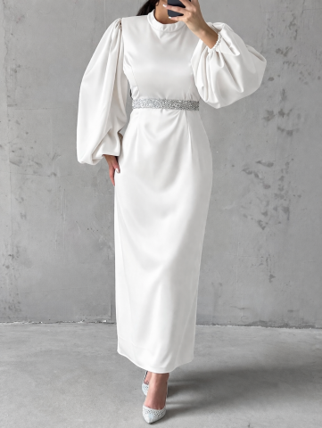 Satin Elegance Hijab Evening Dress with Stone Belt, Ecru