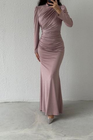 Boydan İnce Detaylı Sendi Tesettür Abiye Pudra