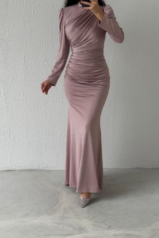 Boydan İnce Detaylı Sendi Tesettür Abiye Pudra