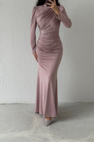 Boydan İnce Detaylı Sendi Tesettür Abiye Pudra