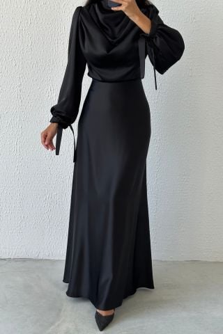 Dökümlü Akıcı Saten Kumaş Tesettür Abiye Siyah