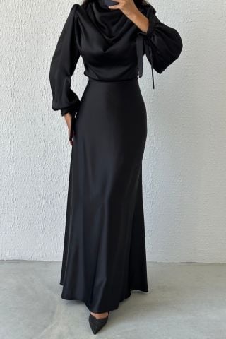 فستان سهرة من قماش الساتان المتدفق باللون الأسود