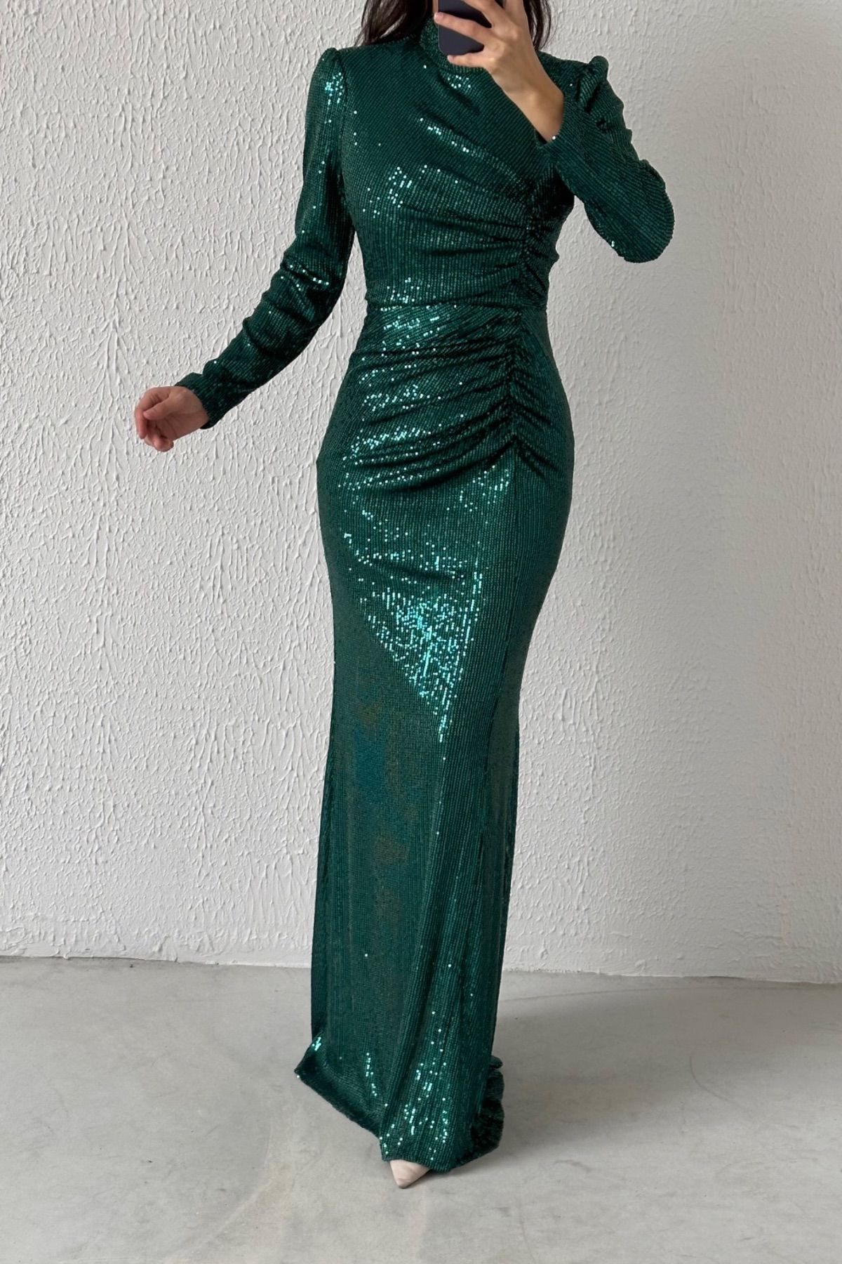 Boydan Büzgülü Pul Payet Tesesttür Abiye Zümrüt Yeşili