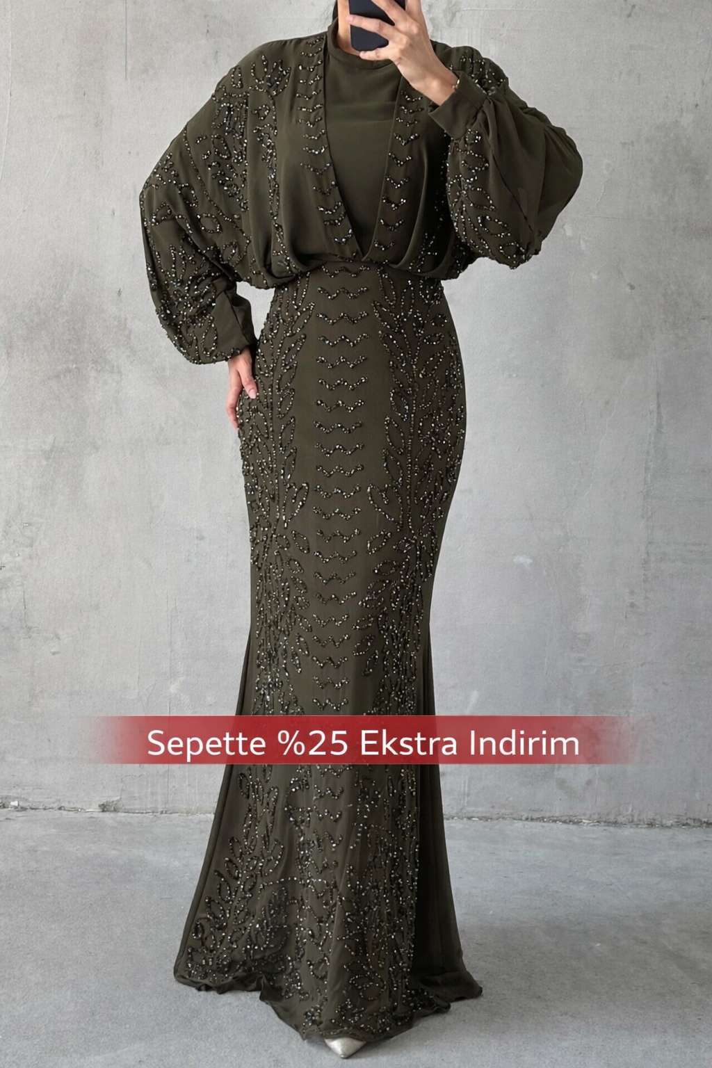 Modern Tasarım Şifon Tesettür Abiye Haki