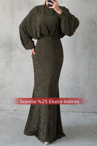 Modern Tasarım Şifon Tesettür Abiye Haki