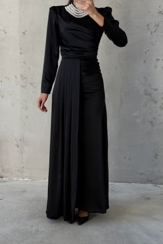 Pearl Detailed Tailed Satin Hijab Evening Dress Black