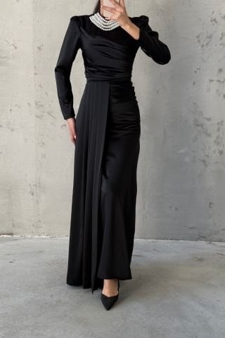 Pearl Detailed Tailed Satin Hijab Evening Dress Black