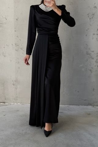 Pearl Detailed Tailed Satin Hijab Evening Dress Black