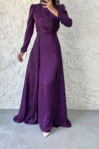 Cape and Stone Detailed Satin Hijab Evening Dress Purple 38