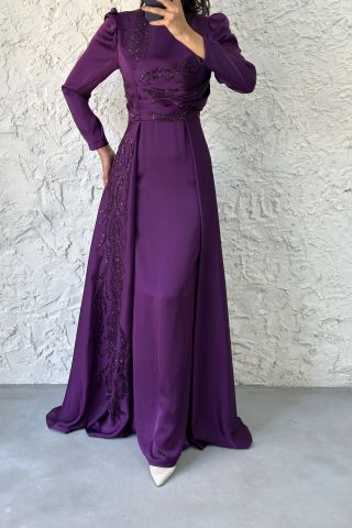 Cape and Stone Detailed Satin Hijab Evening Dress Purple 38