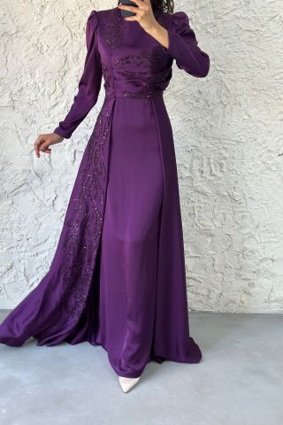 Cape and Stone Detailed Satin Hijab Evening Dress Purple 38