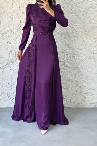 Cape and Stone Detailed Satin Hijab Evening Dress Purple 38