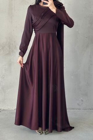 Layan Saten Tesettür Abiye Kahverengi