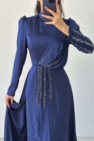 Glamorous Ruffle Stone Detailed Satin Evening Dress Navy Blue