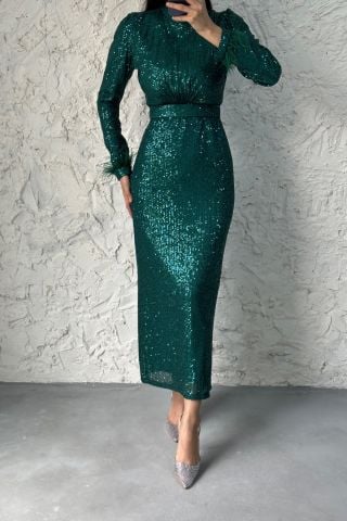 Kemer Detaylı Pul Payet Tesettür Abiye Zümrüt Yeşili