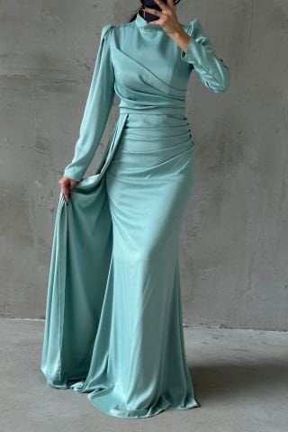 Drapeli Kuyruk Detaylı Tesettür Abiye Mint Yeşili