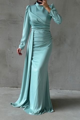 Drapeli Kuyruk Detaylı Tesettür Abiye Mint Yeşili