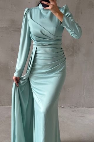 Draped Tail Detailed Modest Evening Dress Mint Green
