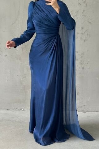 Janjan Hijab Evening Dress Navy Blue with Cape Detail on the Shoulder