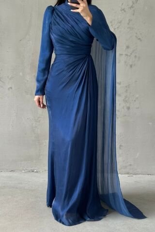 Omuzdan Pelerin Detaylı Janjan Tesettür Abiye Lacivert