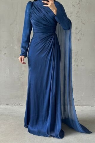 Omuzdan Pelerin Detaylı Janjan Tesettür Abiye Lacivert