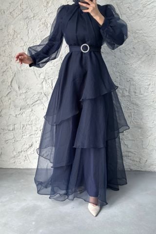 Tül Kat Kat Tesettür Abiye Lacivert