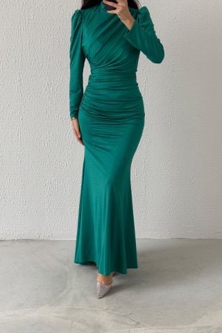 Boydan İnce Detaylı Sendi Tesettür Abiye Zümrüt Yeşili