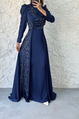 Satin Hijab Evening Dress with Cape and Stone Detail, Navy Blue