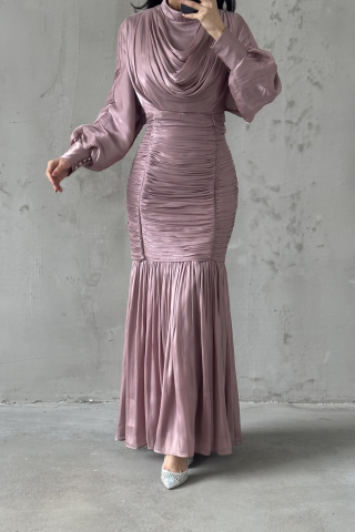 Slim-Waisted Pleated Shimmering Hijab Evening Dress in Rose Pink
