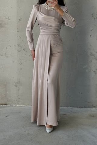 İnci Detaylı Kuyruklu Saten Tesettür Abiye Taş