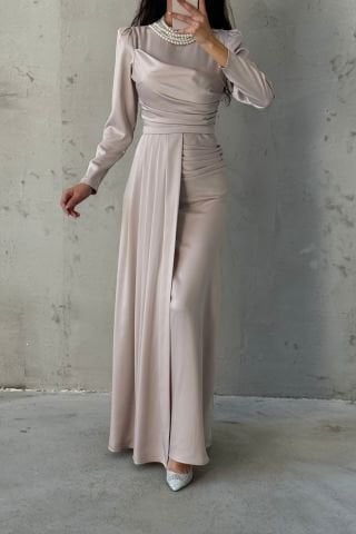 İnci Detaylı Kuyruklu Saten Tesettür Abiye Taş