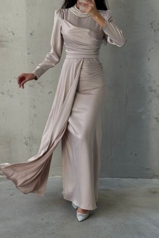Pearl Detailed Tail Satin Hijab Evening Dress Stone