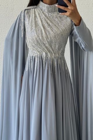 Sparkling Stone Embroidered Cape Model Chiffon Hijab Evening Dress Gray
