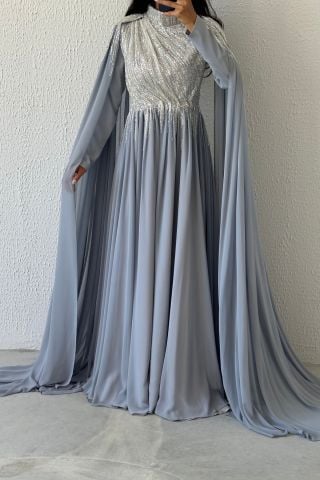 Sparkling Stone Embroidered Cape Model Chiffon Hijab Evening Dress Gray
