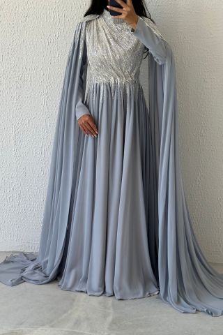 Sparkling Stone Embroidered Cape Model Chiffon Hijab Evening Dress Gray