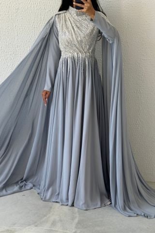 Sparkling Stone Embroidered Cape Model Chiffon Hijab Evening Dress Gray