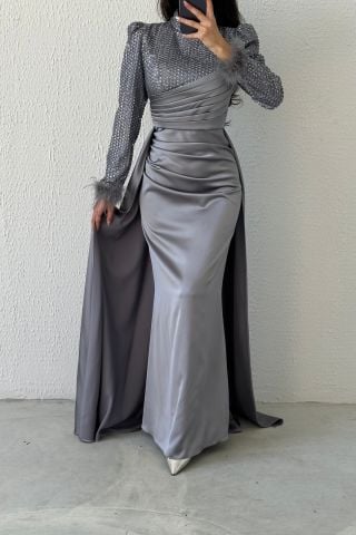 Sequined Sparkle: Satin Hijab Evening Dress Gray with Feather Sleeves