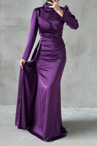 Drapeli Kuyruk Detaylı Tesettür Abiye Mor