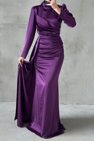 Draped Tail Detailed Hijab Evening Dress Purple