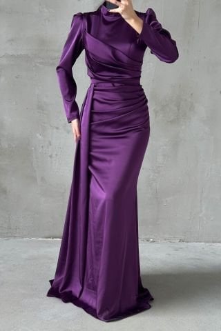 Drapeli Kuyruk Detaylı Tesettür Abiye Mor