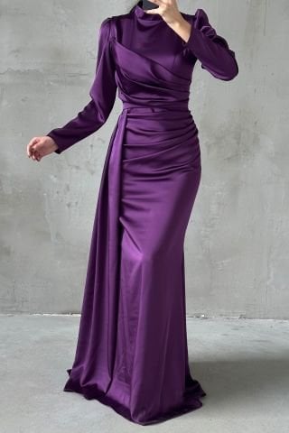 Drapeli Kuyruk Detaylı Tesettür Abiye Mor